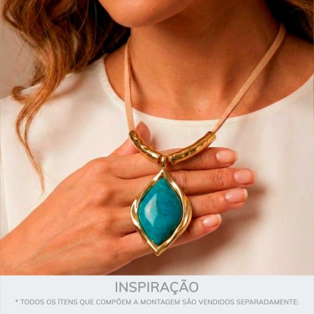 Pingente Folha Dourado com Pedra Azul Petróleo 56mm