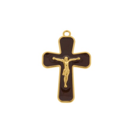 Pingente Cruz com Cristo Dourado e resina Marrom 43mm
