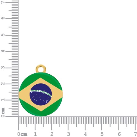 Pingente Medalha Bandeira Brasil Dourado 32mm