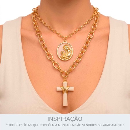 Pingente Medalha Nossa Senhora Aparecida Dourado com Pérola 41mm