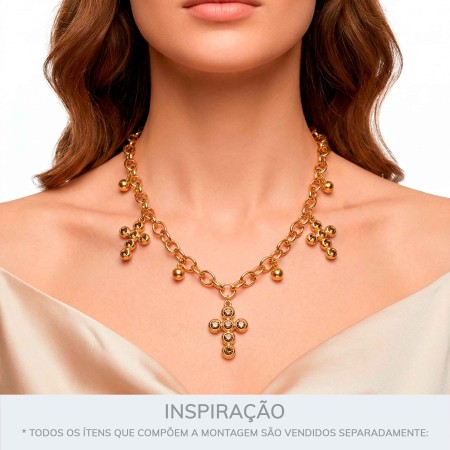 Pingente Cruz Dourado com Strass Fumê 32mm