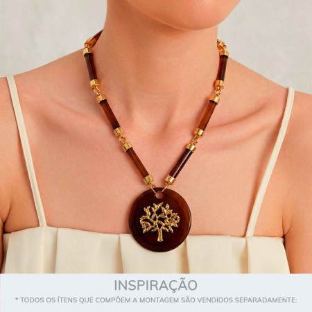 Pingente Árvore da Vida Dourado com Acrílico Marrom 50mm