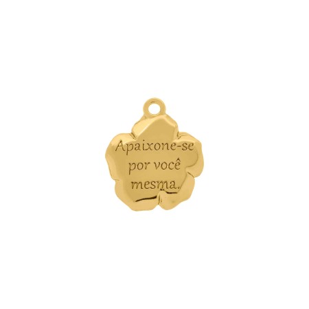 Pingente Flor com Cristal e Mensagem Apaixone-se Por Você Mesma Dourado 23mm