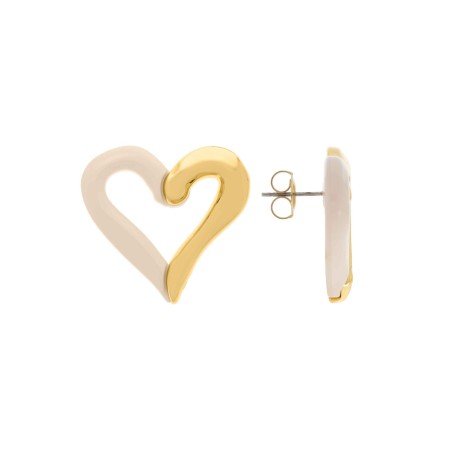 Brinco de Coração Dourado com Acrílico OffWhite 30mm
