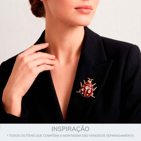 Brochê Joaninha Ouro com Vermelho e Strass 43mm