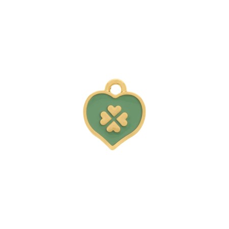 Pingente Coração Trevo da Sorte Ouro com Verde 17mm