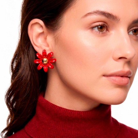 Brinco Floral Vermelho com Dourado 30mm