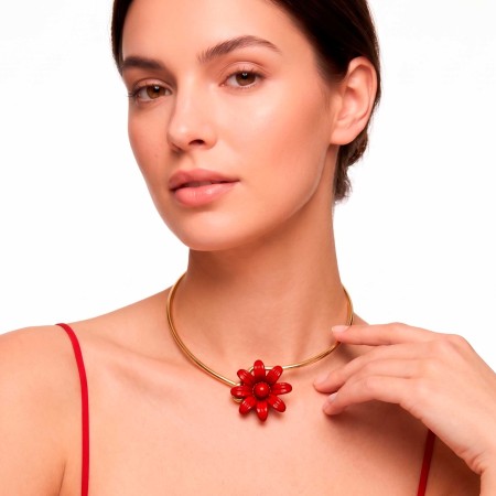 Colar Floral Dourado com Vermelho 138mm