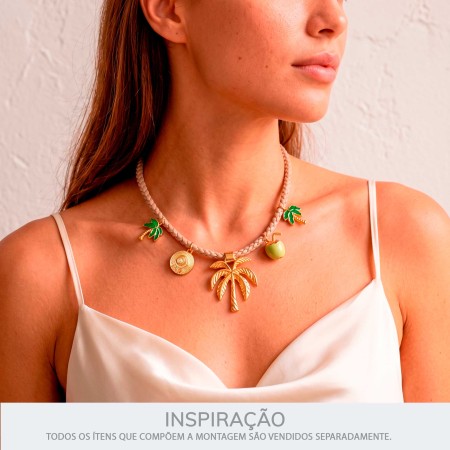 Conjunto de Pingentes Verão Dourado – Coco, Coqueiro e Chapéu de Palha