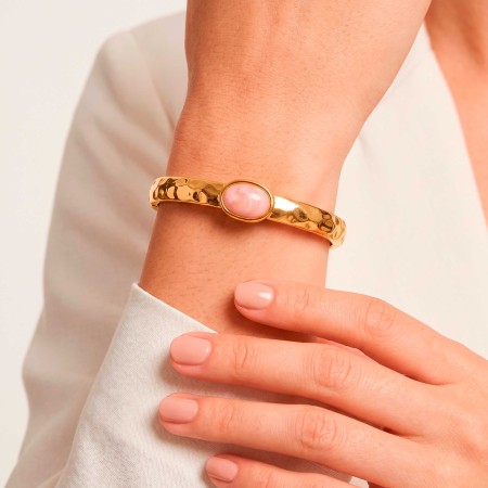 Bracelete Dourado com Pedra Rosa Quartzo 69mm
