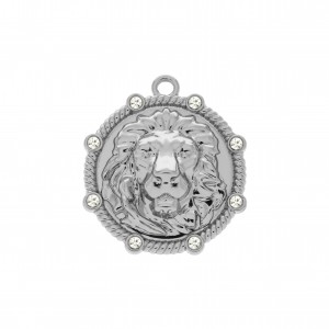 Pingente Redondo Leão Níquel com Strass 32mm
